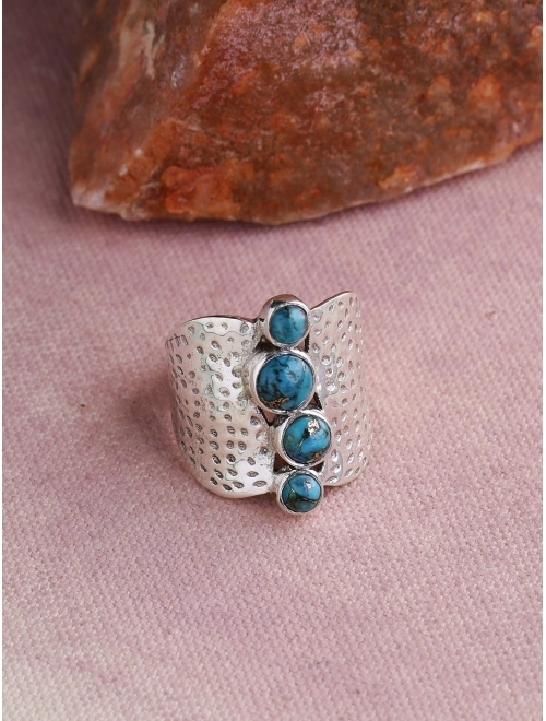YoTreasure .925 Sterling Silver Blue Copper Turquoise Hammered Wide Band Boho Ring
