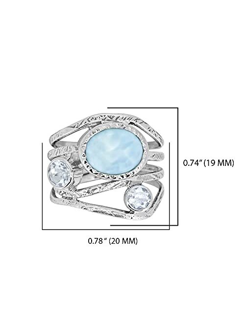 YoTreasure Natural Larimar Blue Topaz 925 Sterling Silver Antique Three Stone Bypass Ring