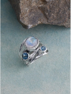 YoTreasure 8x10 MM Moonstone & London Blue Topaz Solid 925 Sterling Silver Bypass Ring