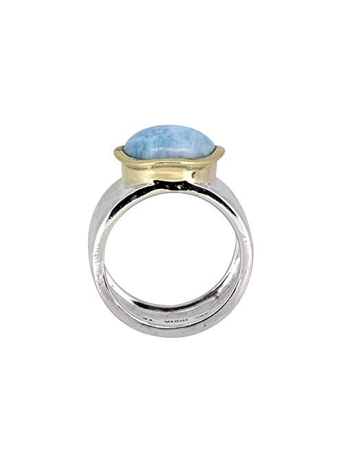 YoTreasure 13 MM Larimar Wide Band Hammered Ring .925 Sterling Silver Brass