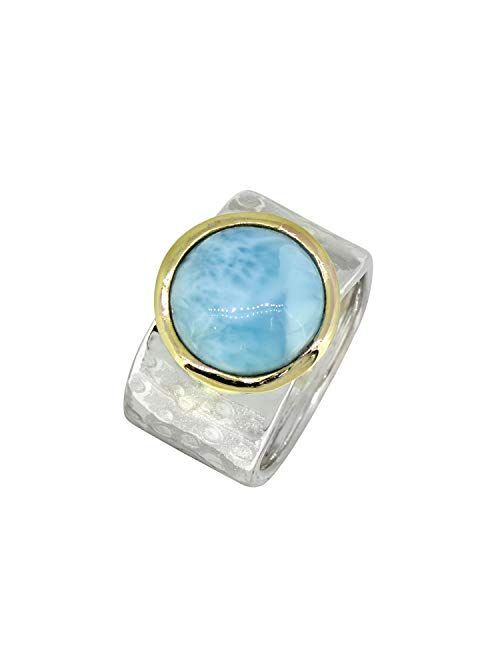 YoTreasure 13 MM Larimar Wide Band Hammered Ring .925 Sterling Silver Brass