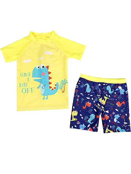 Liuone YAGATA Toddler Boys Two Piece Bathing Suits Short Sleeve Boys Swim Sets UPF50+ Sun Protection Dinosaur Swimwear