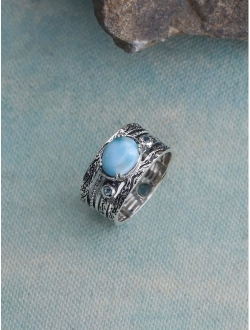 YoTreasure Larimar Swiss Blue Topaz 925 Sterling Silver Antique Three Stone Ring