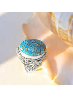 YoTreasure Blue Copper Turquoise Rope Design Ring Solid 925 Sterling Silver Gemstone Jewelry