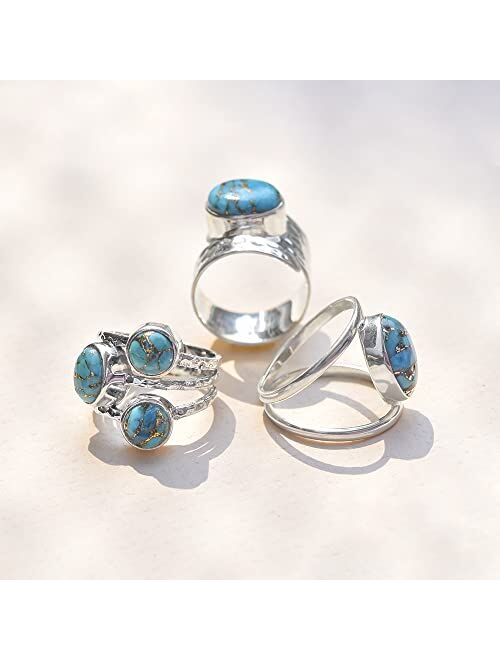 YoTreasure Blue Copper Turquoise Solid 925 Sterling Silver 3 Stone Ring