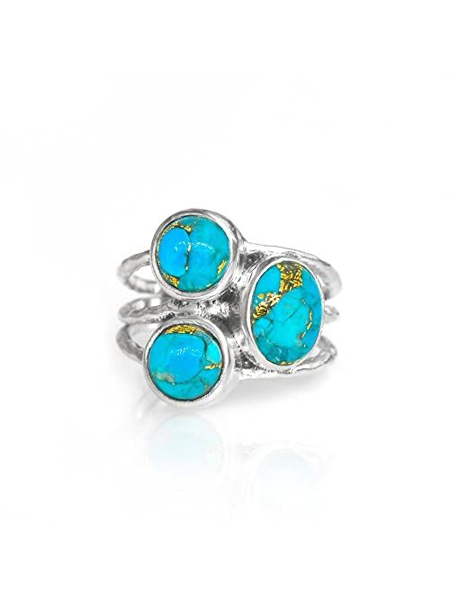 YoTreasure Blue Copper Turquoise Solid 925 Sterling Silver 3 Stone Ring