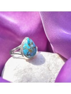 YoTreasure 10x14 MM Blue Copper Turquoise Solid 925 Sterling Silver Teardrop Ring