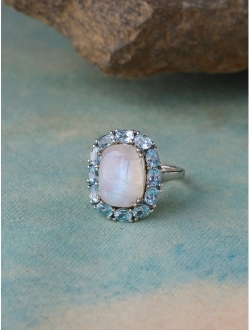 YoTreasure Moonstone and Sky Blue Topaz Cluster Ring Solid 925 Sterling Silver