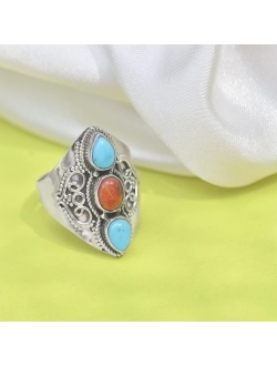 YoTreasure .925 Sterling Silver Turquoise 3 Stone Wide Band Boho Ring