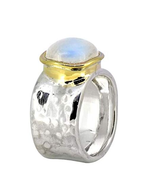 YoTreasure Hammered Solid 925 Sterling Silver Brass Moonstone Wide Band Ring