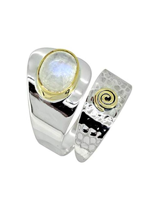 YoTreasure Rainbow Moonstone Ring Solid 925 Sterling Silver With Brass Accents