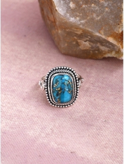 YoTreasure 10x14MM Blue Copper Turquoise Ring 925 Sterling Silver Jewelry