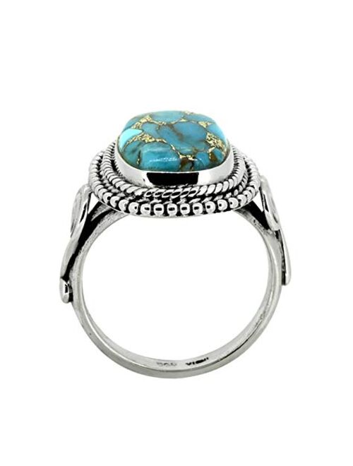 YoTreasure 10x14MM Blue Copper Turquoise Ring 925 Sterling Silver Jewelry
