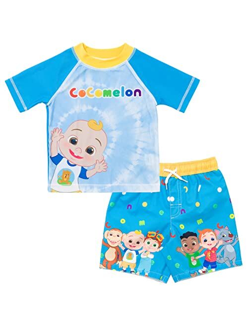 CoComelon Tomtom JJ Cody Nico Mochi Wally Short Sleeve Rash Guard Swim Shirt & Swim Trunks Outfit Set Infant to Toddler