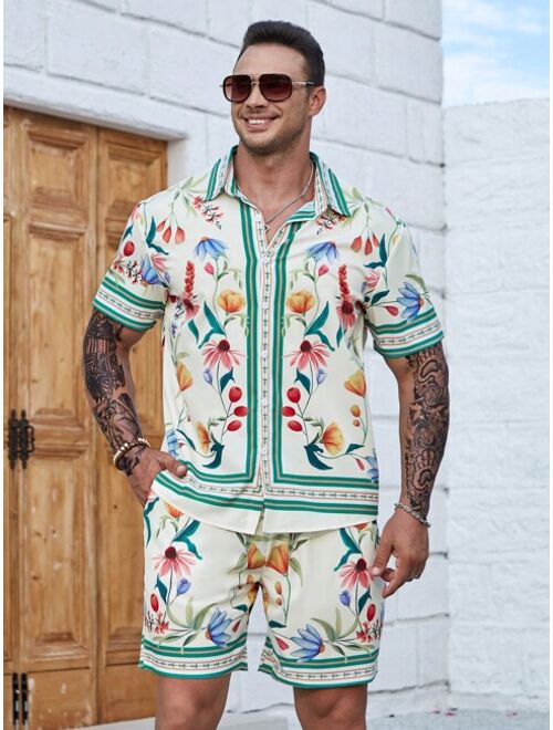 Shein Extended Sizes Men Plus Floral Print Shirt & Shorts