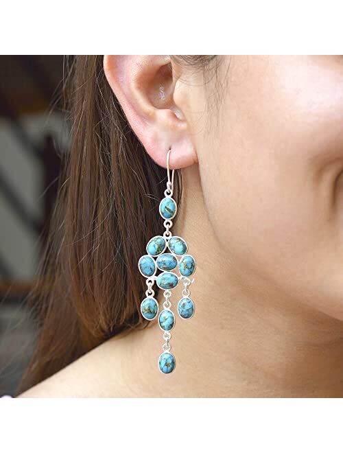 YoTreasure 925 Sterling Silver Moonstone Blue Copper Turquoise Dangle Chandelier Earrings