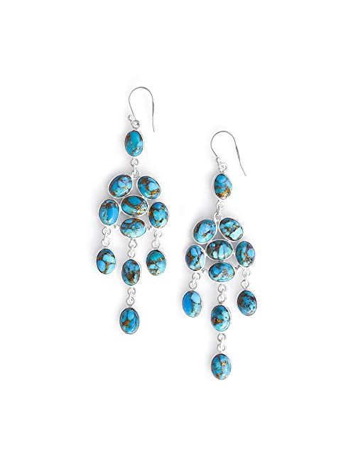 YoTreasure 925 Sterling Silver Moonstone Blue Copper Turquoise Dangle Chandelier Earrings