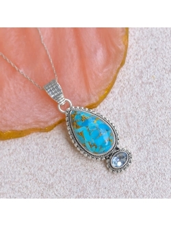 YoTreasure Blue Copper Turquoise Necklace Solid 925 Sterling Silver Chain Pendant Gemstone Jewelry