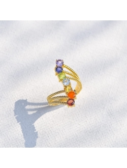 YoTreasure 7 Chakra Stone 925 Sterling Silver Gold Plated Twisted Rope Designed Bypass Ring