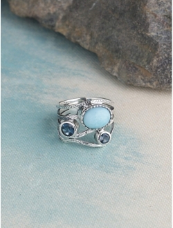 YoTreasure Natural Larimar London Blue Topaz Solid 925 Sterling Silver Designer Bypass Ring Jewelry