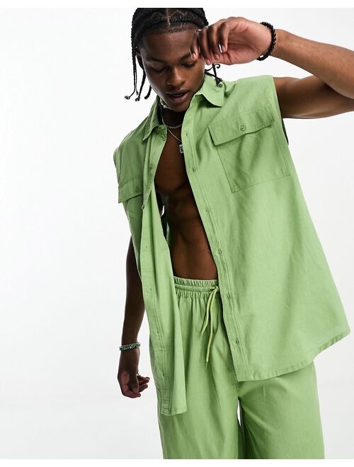 COLLUSION linen beach sleeveless shirt in light green