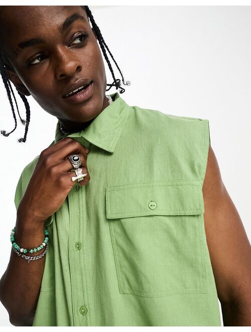 COLLUSION linen beach sleeveless shirt in light green