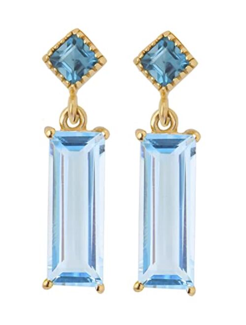 YoTreasure Sky Blue Topaz Solid 14K Yellow Gold Bar Drop Earrings Gemstone Jewelry