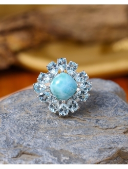 YoTreasure Natural Larimar Sky Blue Topaz 925 Sterling Silver Cluster Ring Jewelry