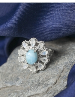 YoTreasure Natural Larimar Moonstone White Topaz Cluster Ring 925 Sterling Silver Wedding Jewelry