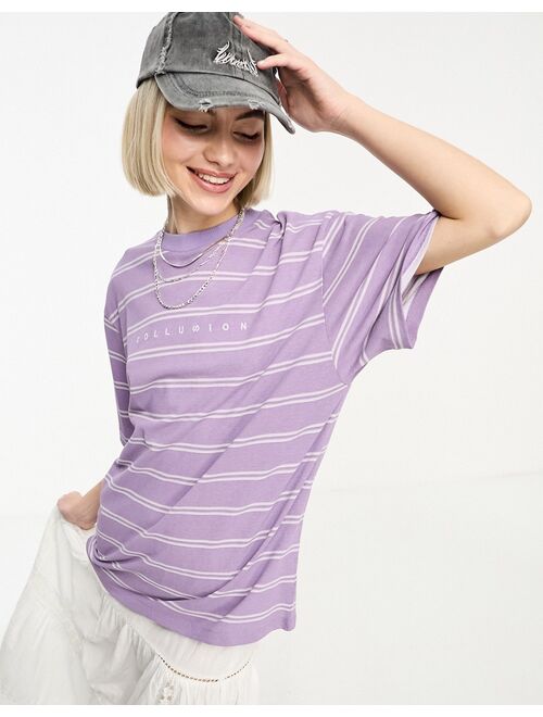 COLLUSION Unisex pique T-shirt in lilac stripe