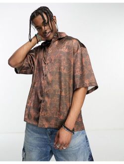 festival short sleeve satin shirt in brown and black print