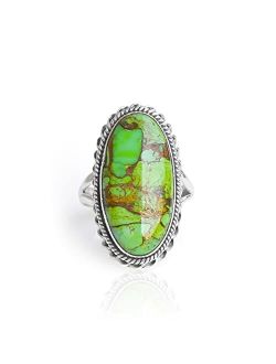 YoTreasure 12x24 MM Green Copper Turquoise Solid 925 Sterling Silver Ring