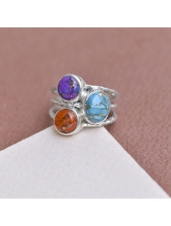 YoTreasure Tri Color Turquoise Bypass Ring in .925 Sterling Silver