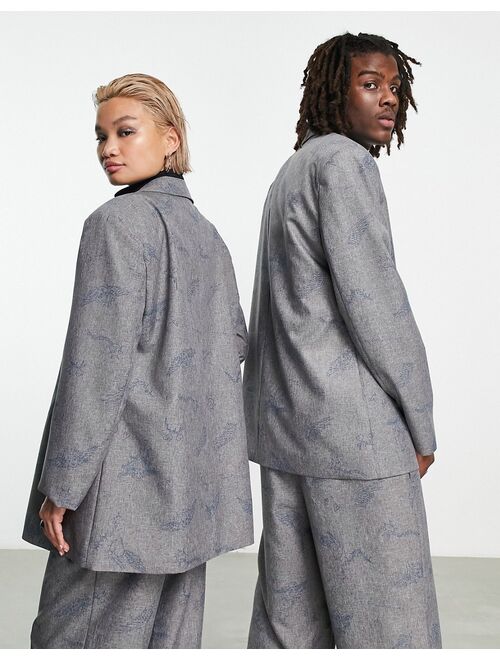 COLLUSION Unisex oversized blazer in light gray with blue print