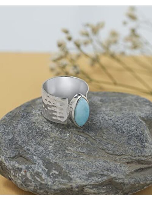 YoTreasure 7x14 MM Larimar 925 Sterling Silver Wide Band Bold Ring