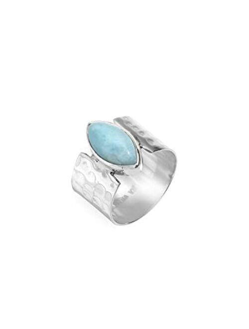 YoTreasure 7x14 MM Larimar 925 Sterling Silver Wide Band Bold Ring