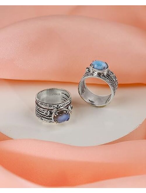 YoTreasure Labradorite Swiss Blue Topaz 925 Sterling Silver Antique Three Stone Ring