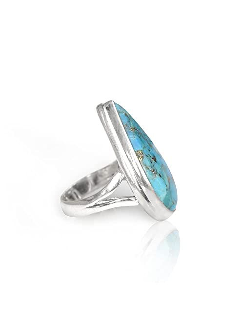 YoTreasure 14x27 MM Blue Copper Turquoise 925 Sterling Silver Ring
