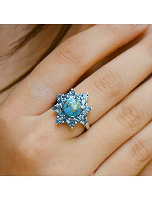 YoTreasure 5.40 ct. t.w. Blue Copper Turquoise 925 Sterling Silver Flower Cluster Ring Jewelry
