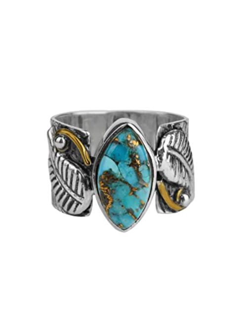 YoTreasure Blue Copper Turquoise Solid Sterling Silver Brass Leaf Design Ring