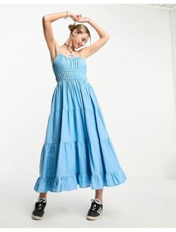 tiered cami midi summer dress in blue