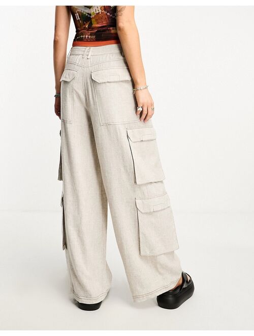 COLLUSION pocket detail wide leg linen pants in stone
