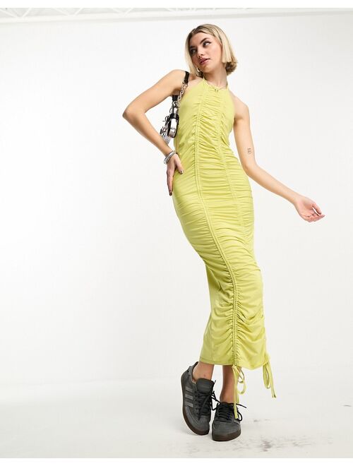 COLLUSION ruched front halter maxi dress in green