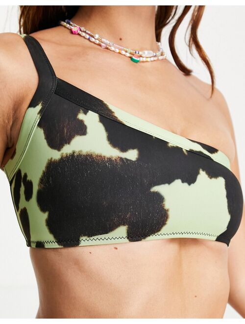 COLLUSION one shoulder cow print bikini top in multi