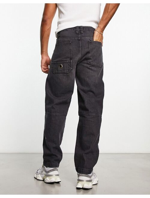 ASOS DESIGN baggy utility jeans with zip detail in washed black