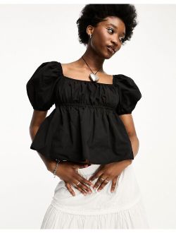 square neck puff sleeve crop blouse in black