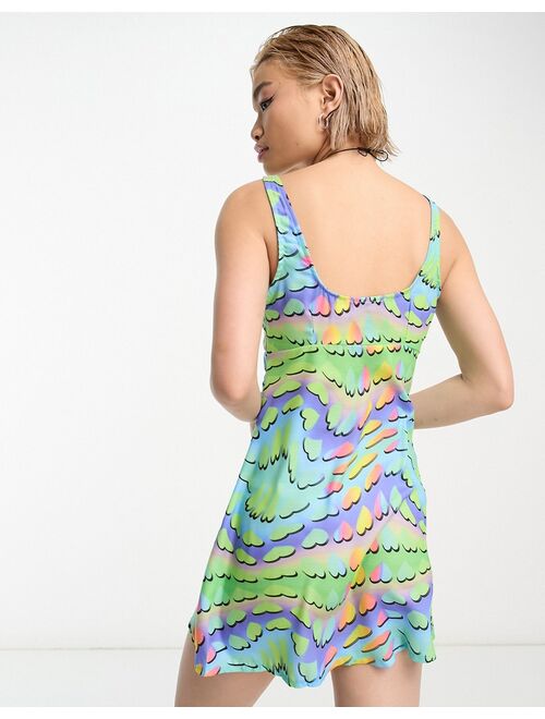 COLLUSION teardrop neck printed cut out mini summer dress in multi