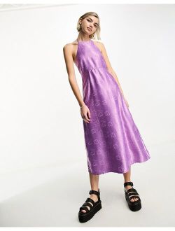 halterneck floral jacquard midi dress in purple