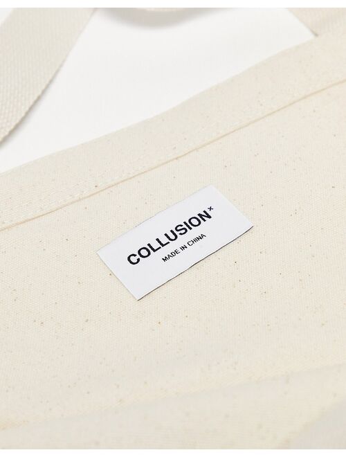 COLLUSION Unisex branded printed tote bag in ecru
