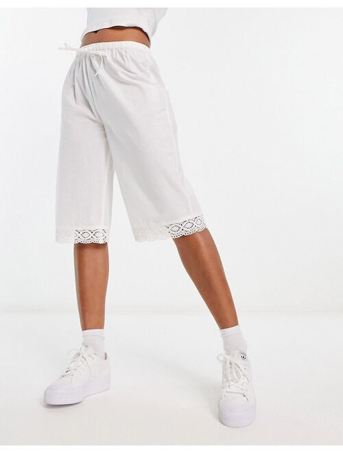 COLLUSION cotton poplin lace trim 3/4 length shorts in white